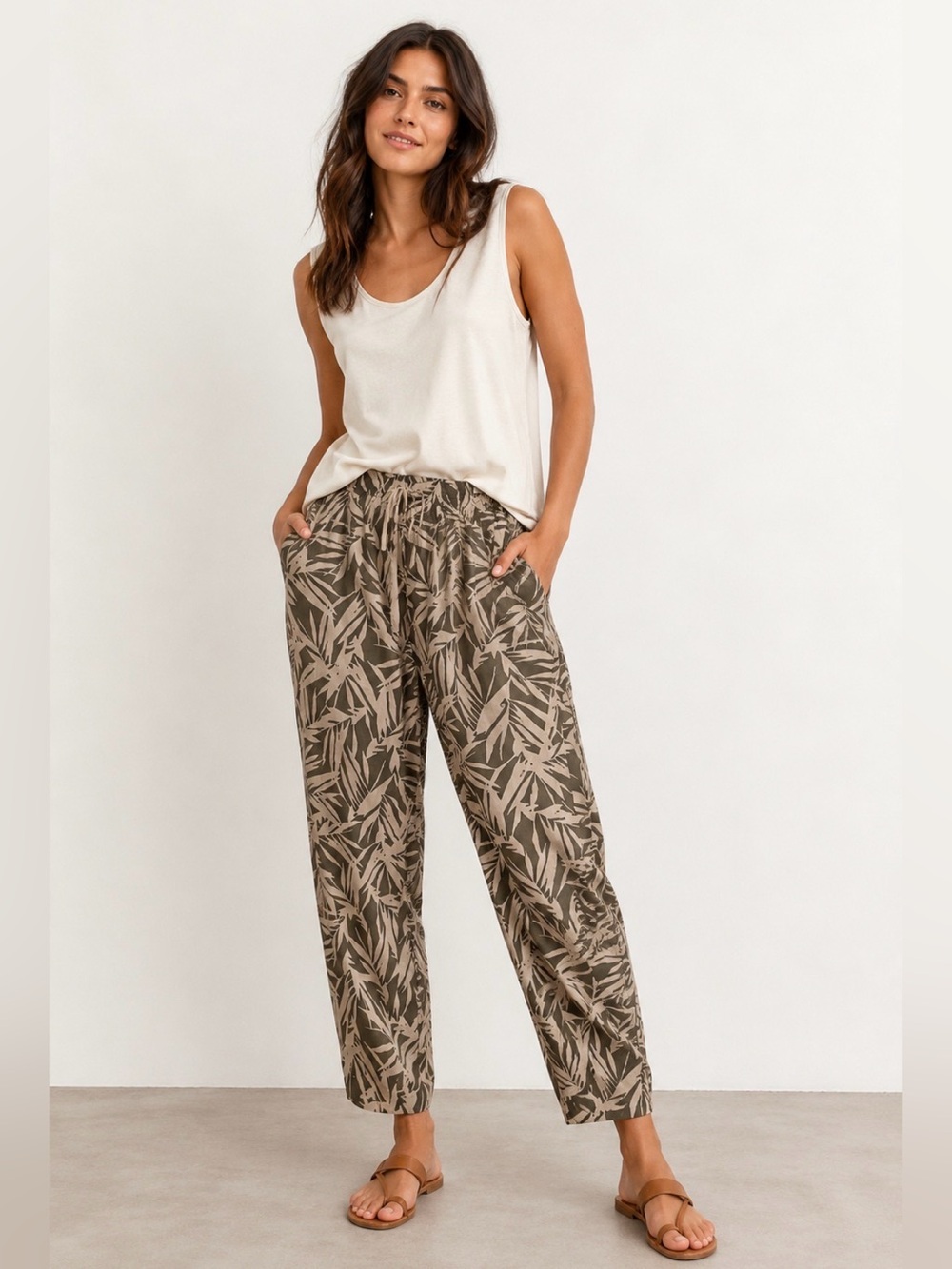 Cathy Brown & Beige Palm Leaf pull on pants Size L